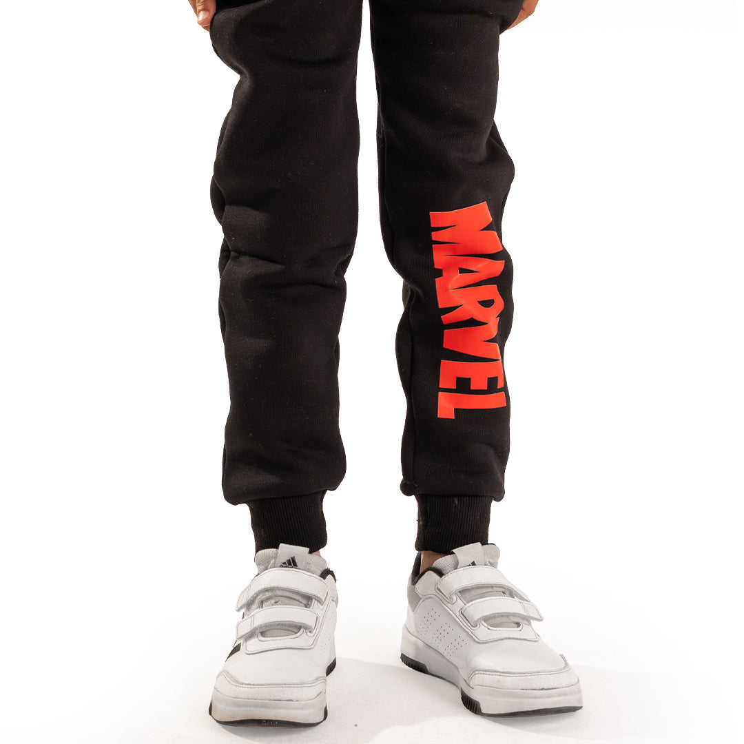 Black melton fleece pant with Marvel print