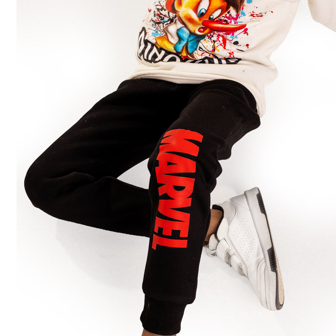 Black melton fleece pant with Marvel print